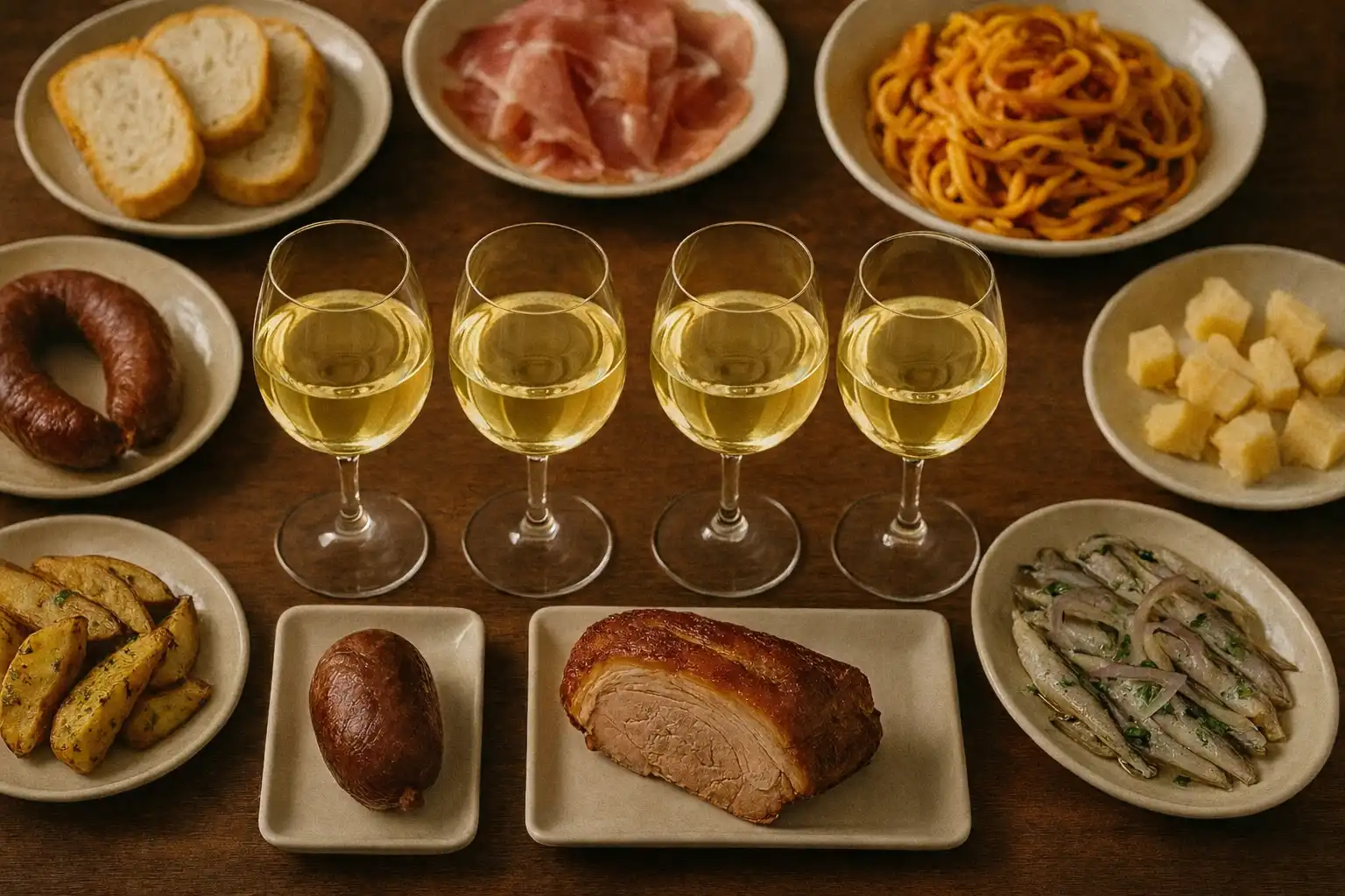 Four glasses of red wine surrounded by plates of ready-to-eat food, arranged on a convivial table.