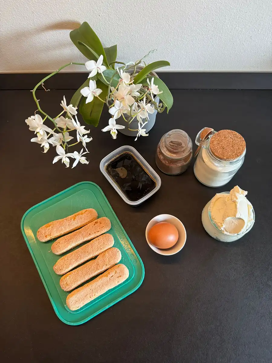 Ingredienti del tiramisù disposti su un piano: mascarpone, uova, savoiardi, caffè, cacao in polvere e zucchero.